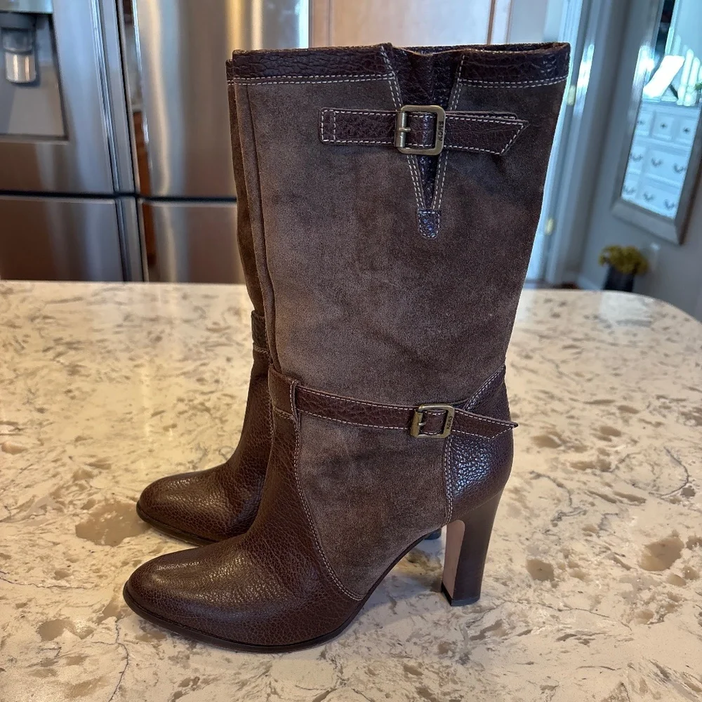 Michael Kors Brown Suede & Leather Mid-Calf Heeled Boots